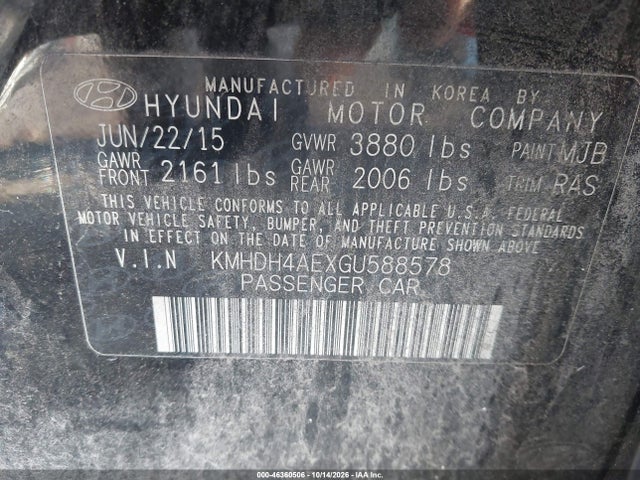 46360506 :رقم المزاد ، KMHDH4AEXGU588578 vin ، 2016 Hyundai Elantra Se مزاد بيع