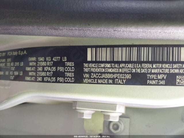 2017 Jeep Renegade Latitude Fwd მანქანა იყიდება აუქციონზე, vin: ZACCJABB6HPE62390, აუქციონის ნომერი: 46360535