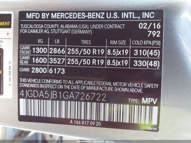 4JGDA5JB1GA726722 Mercedes-Benz GLE 350