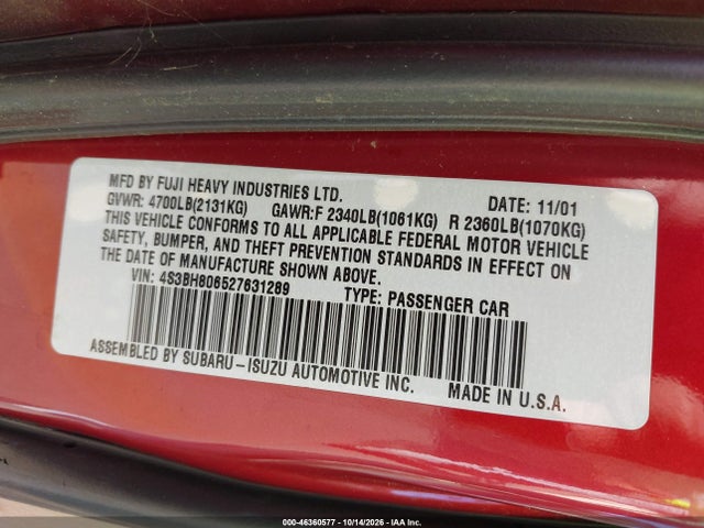 Продажа на аукционе авто 2002 Subaru Outback H6-3.0 L.l. Bean Edition, vin: 4S3BH806527631289, номер лота: 46360577