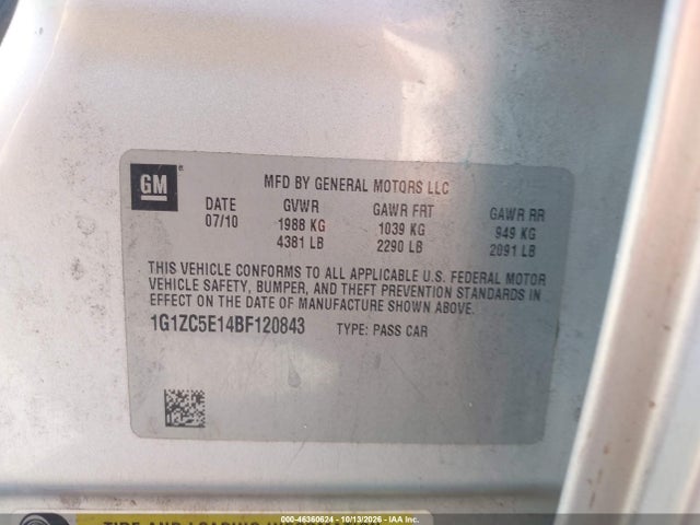46360624 :رقم المزاد ، 1G1ZC5E14BF120843 vin ، 2011 Chevrolet Malibu 1lt مزاد بيع