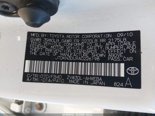46360752 :رقم المزاد ، JTDKN3DUXA0226198 vin ، 2010 Toyota Prius Iii مزاد بيع