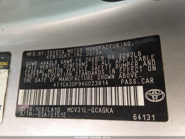 46360786 :رقم المزاد ، 4T1CA30P94U023814 vin ، 2004 Toyota Camry Solara Sle V6 مزاد بيع