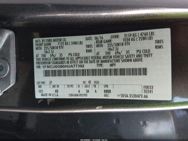 Продаж на аукціоні авто 2017 Ford Escape Se, vin: 1FMCU0G90HUA77392, номер лоту: 46360821
