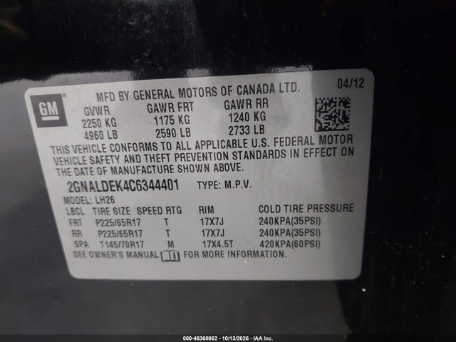 46360862 :رقم المزاد ، 2GNALDEK4C6344401 vin ، 2012 Chevrolet Equinox 1lt مزاد بيع
