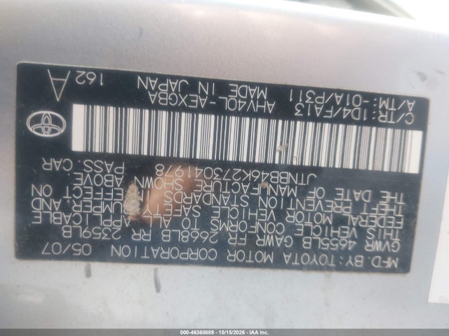 Продаж на аукціоні авто 2007 Toyota Camry Hybrid, vin: JTNBB46K273041978, номер лоту: 46360889