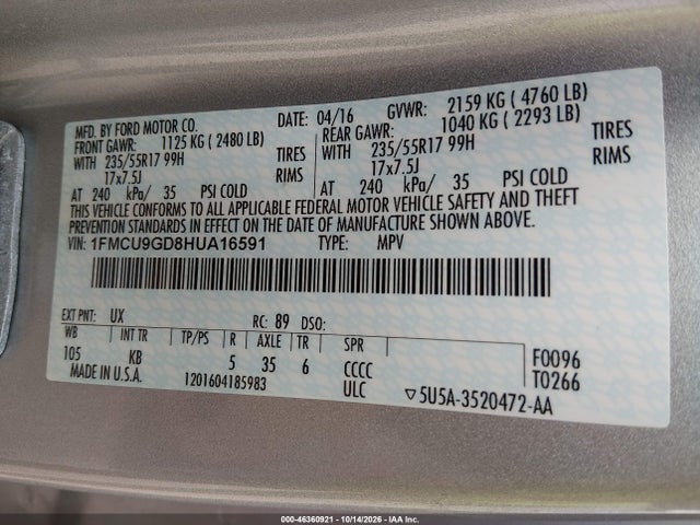 Продажа на аукционе авто 2017 Ford Escape Se, vin: 1FMCU9GD8HUA16591, номер лота: 46360921