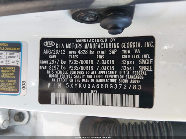 2013 Kia Sorento Ex მანქანა იყიდება აუქციონზე, vin: 5XYKU3A66DG372783, აუქციონის ნომერი: 46360974