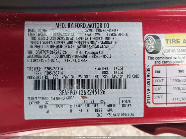 Продаж на аукціоні авто 2006 Ford Fusion Se, vin: 3FAFP07126R245126, номер лоту: 46361015