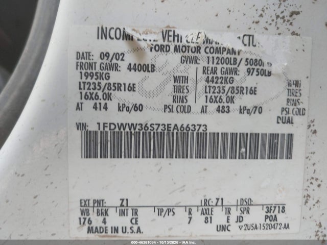 Aukcja sprzedaży 2003 Ford F-350 Lariat/xl/xlt, vin: 1FDWW36S73EA66373, numer aukcji: 46361094