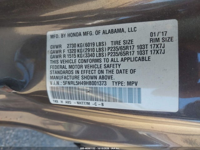 Aukcja sprzedaży 2017 Honda Odyssey Ex, vin: 5FNRL5H49HB001373, numer aukcji: 46361132