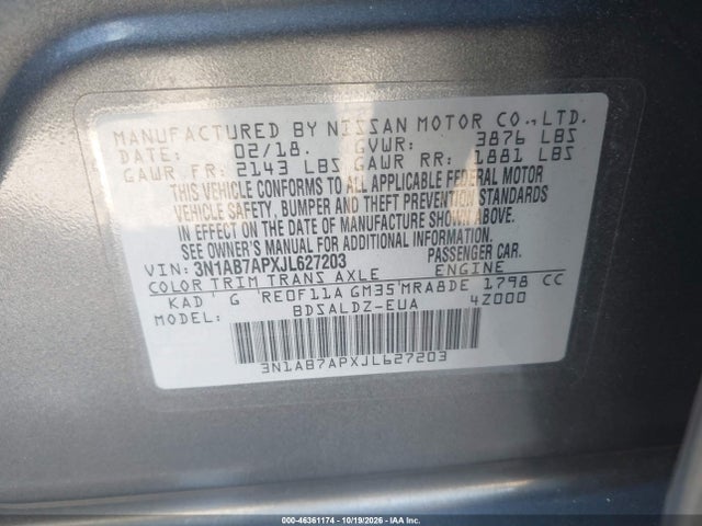 Продажа на аукционе авто 2018 Nissan Sentra Sv, vin: 3N1AB7APXJL627203, номер лота: 46361174