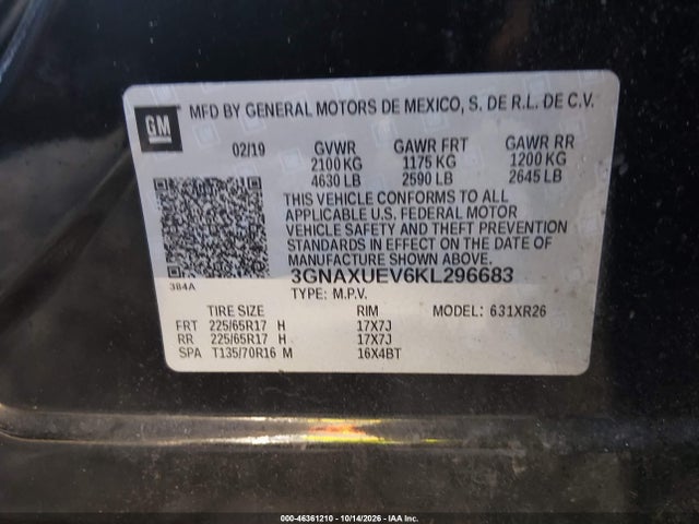 46361210 :رقم المزاد ، 3GNAXUEV6KL296683 vin ، 2019 Chevrolet Equinox Lt مزاد بيع