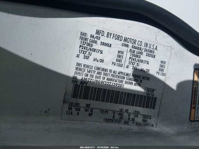 2002 Mercury Mountaineer მანქანა იყიდება აუქციონზე, vin: 4M2ZU86W32ZJ39201, აუქციონის ნომერი: 46361217