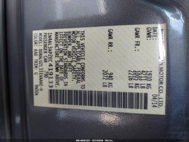 2014 Nissan Altima 2.5 Sv მანქანა იყიდება აუქციონზე, vin: 1N4AL3AP2EC419133, აუქციონის ნომერი: 46361221