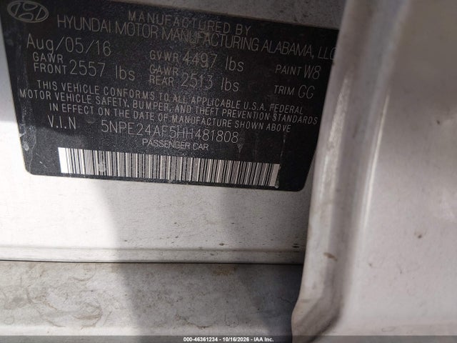 Продаж на аукціоні авто 2017 Hyundai Sonata Se, vin: 5NPE24AF5HH481808, номер лоту: 46361234