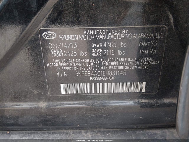 46361238 :رقم المزاد ، 5NPEB4AC1EH831145 vin ، 2014 Hyundai Sonata Gls مزاد بيع