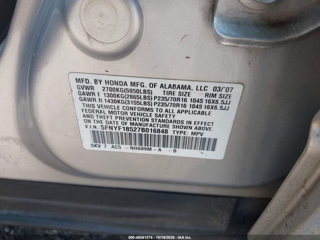Aukcja sprzedaży 2007 Honda Pilot Ex-l, vin: 5FNYF18527B016848, numer aukcji: 46361274
