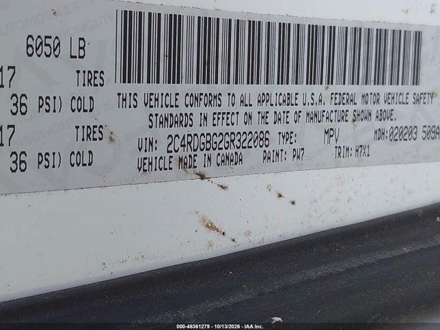 46361279 :رقم المزاد ، 2C4RDGBG2GR322086 vin ، 2016 Dodge Grand Caravan Se مزاد بيع