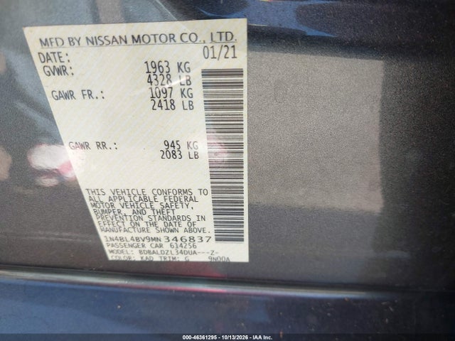 Aukcja sprzedaży 2021 Nissan Altima S Fwd, vin: 1N4BL4BV9MN346837, numer aukcji: 46361295