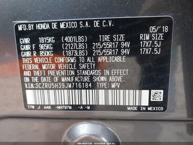 Продаж на аукціоні авто 2018 Honda Hr-v Lx, vin: 3CZRU5H39JM716184, номер лоту: 46361330
