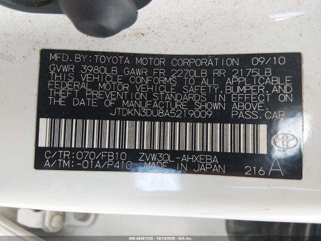 Aukcja sprzedaży 2010 Toyota Prius Ii, vin: JTDKN3DU8A5219009, numer aukcji: 46361338