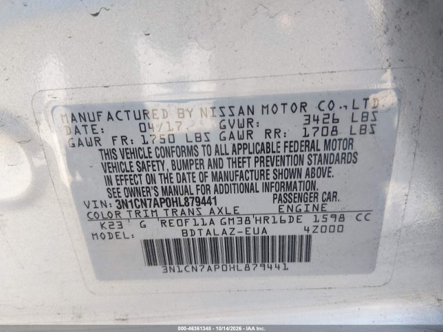 2017 Nissan Versa 1.6 S+ მანქანა იყიდება აუქციონზე, vin: 3N1CN7AP0HL879441, აუქციონის ნომერი: 46361348