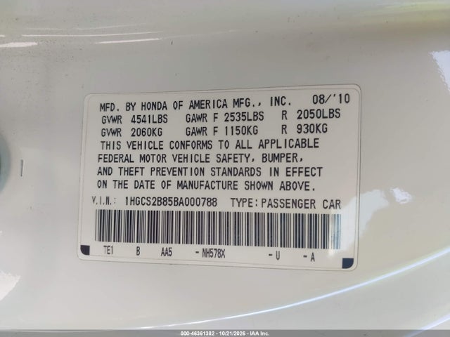 46361382 :رقم المزاد ، 1HGCS2B85BA000788 vin ، 2011 Honda Accord 3.5 Ex-l مزاد بيع