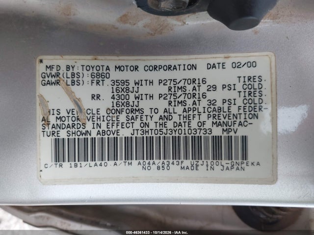 46361433 :رقم المزاد ، JT3HT05J3Y0103733 vin ، 2000 Toyota Land Cruiser مزاد بيع