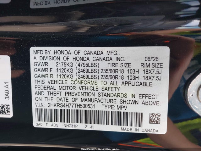 2HKRS4H77TH500531 Honda Cr-v Ex-l Awd