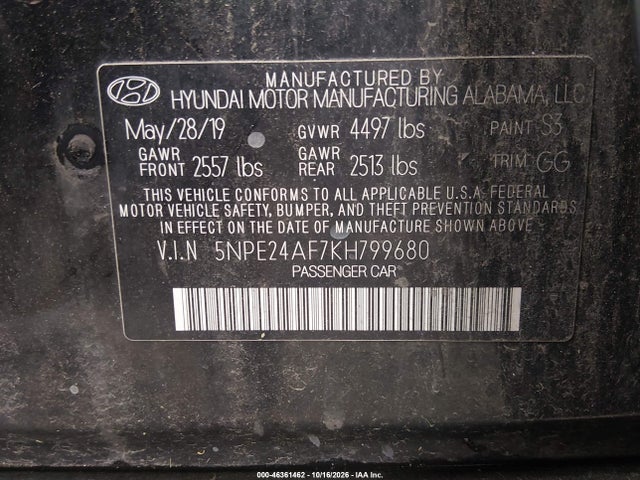 Продажа на аукционе авто 2019 Hyundai Sonata Se, vin: 5NPE24AF7KH799680, номер лота: 46361462