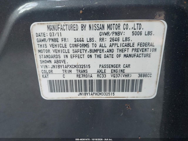 Продаж на аукціоні авто 2012 Infiniti M37, vin: JN1BY1APXCM332515, номер лоту: 46361470