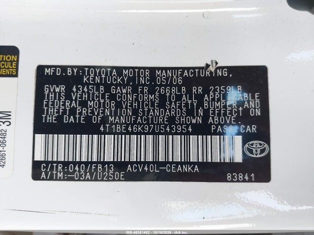46361482 :رقم المزاد ، 4T1BE46K97U543954 vin ، 2007 Toyota Camry Le مزاد بيع