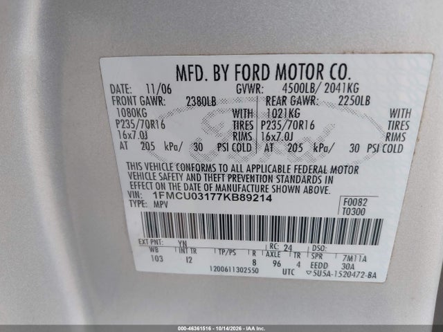 Продажа на аукционе авто 2007 Ford Escape Xlt, vin: 1FMCU03177KB89214, номер лота: 46361516