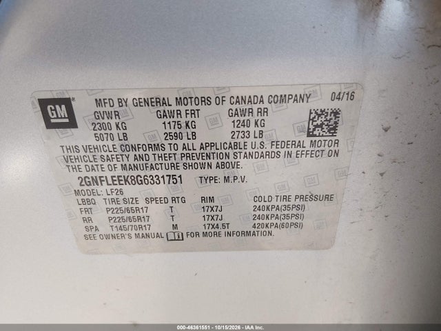 46361551 :رقم المزاد ، 2GNFLEEK8G6331751 vin ، 2016 Chevrolet Equinox Ls مزاد بيع
