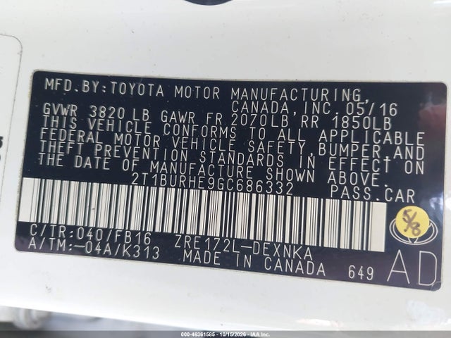 Продажа на аукционе авто 2016 Toyota Corolla Le, vin: 2T1BURHE9GC686332, номер лота: 46361585