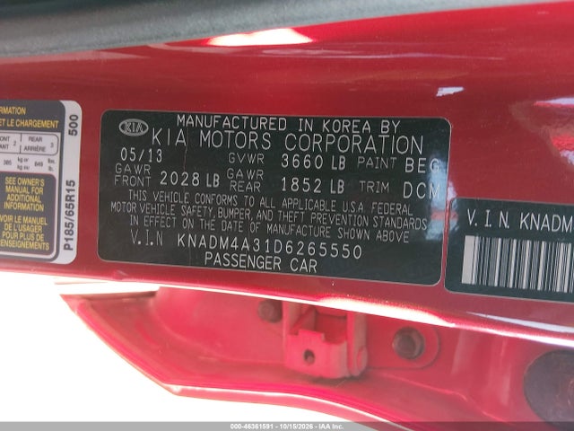2013 Kia Rio Lx მანქანა იყიდება აუქციონზე, vin: KNADM4A31D6265550, აუქციონის ნომერი: 46361591