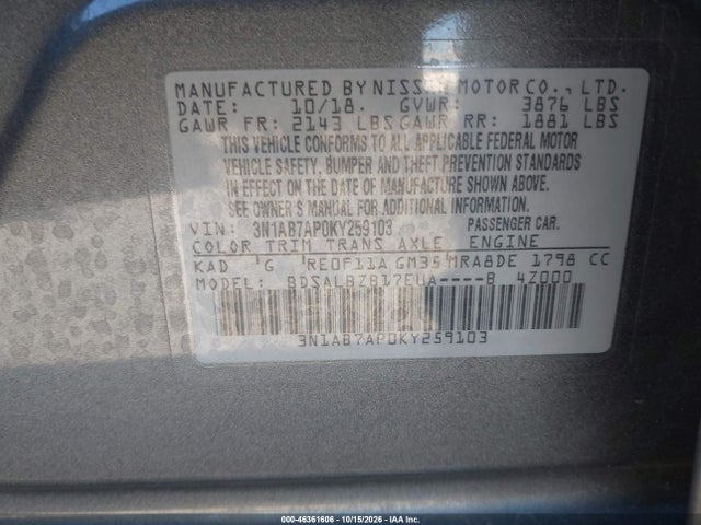 Продажа на аукционе авто 2019 Nissan Sentra S, vin: 3N1AB7AP0KY259103, номер лота: 46361606