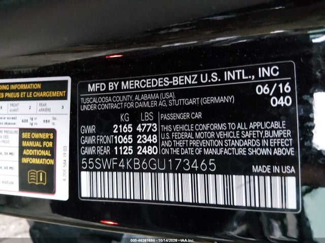 2016 Mercedes-benz C 300 4matic მანქანა იყიდება აუქციონზე, vin: 55SWF4KB6GU173465, აუქციონის ნომერი: 46361684