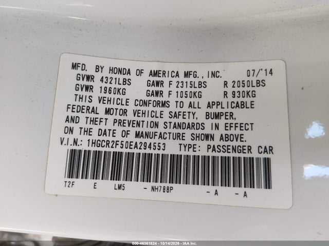 Продаж на аукціоні авто 2014 Honda Accord Sport, vin: 1HGCR2F50EA294553, номер лоту: 46361824