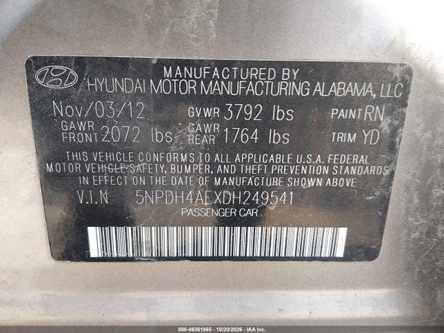 Продажа на аукционе авто 2013 Hyundai Elantra Gls, vin: 5NPDH4AEXDH249541, номер лота: 46361865