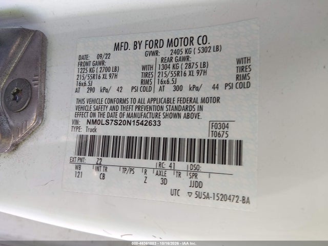 Продаж на аукціоні авто 2022 Ford Transit Connect Xl Cargo Van, vin: NM0LS7S20N1542633, номер лоту: 46361883