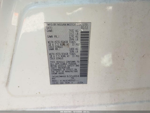 46361903 :رقم المزاد ، 5N1AR2MM4DC635404 vin ، 2013 Nissan Pathfinder S مزاد بيع
