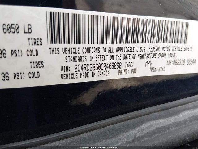 46361937 :رقم المزاد ، 2C4RDGBG0CR406868 vin ، 2012 Dodge Grand Caravan Se/avp مزاد بيع