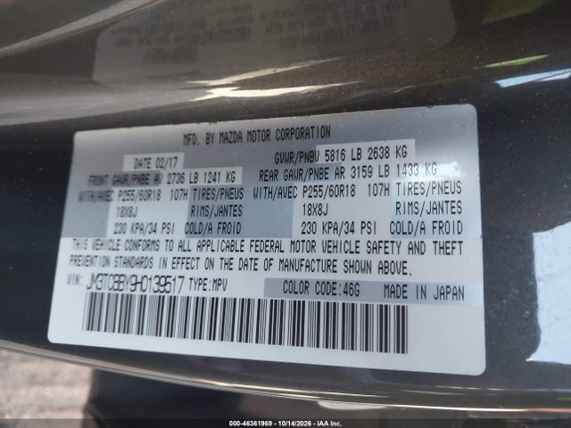 46361969 :رقم المزاد ، JM3TCBBY9H0139517 vin ، 2017 Mazda Cx-9 Sport مزاد بيع