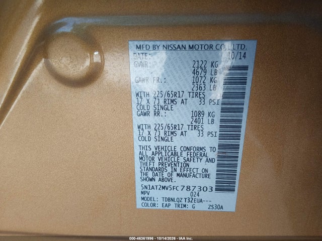 Продаж на аукціоні авто 2015 Nissan Rogue Sv, vin: 5N1AT2MV5FC787303, номер лоту: 46361996