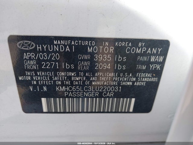 46362084 :رقم المزاد ، KMHC65LC3LU220031 vin ، 2020 Hyundai Ioniq Hybrid Blue مزاد بيع