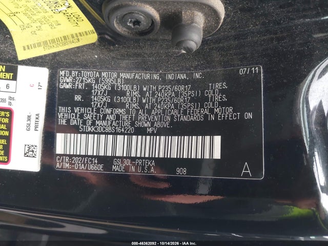 46362092 :رقم المزاد ، 5TDKK3DC8BS164220 vin ، 2011 Toyota Sienna Le V6 مزاد بيع