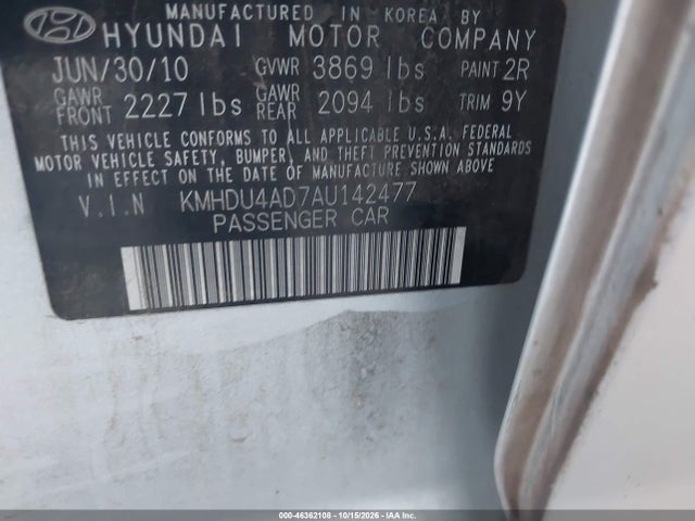 Aukcja sprzedaży 2010 Hyundai Elantra Gls, vin: KMHDU4AD7AU142477, numer aukcji: 46362108