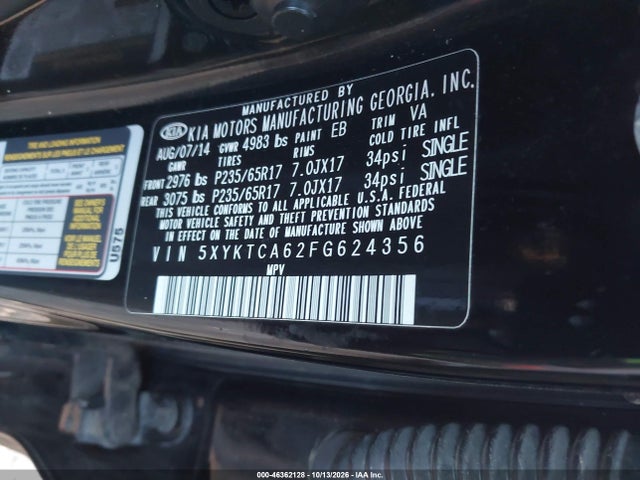 Продаж на аукціоні авто 2015 Kia Sorento Lx, vin: 5XYKTCA62FG624356, номер лоту: 46362128